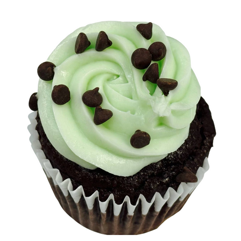 gluten free chocolate cupcake with dairy free peppermint frosting and chocolate chips