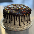 Cookies and cream two-layer cake with chocolate ganache drip and rainbow sprinkles