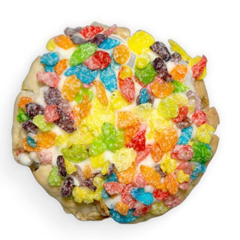 Fruity fluff bomb loaded cookie with fruity cereal and vanilla buttercream