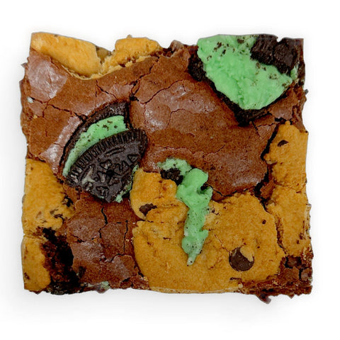 Gluten-free mint cookies and cream deluxe brownie with fudgy texture