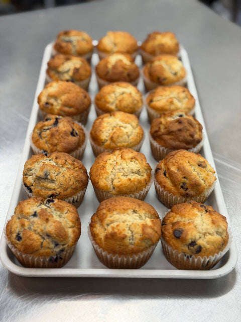 No sugar added blueberry muffins that are gluten free and dairy free, freshly baked at Sinful Confections Bakery in Portland Oregon.