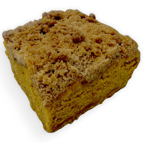 Pumpkin spice coffee cake with cinnamon crumble topping, gluten free, dairy free and vegan.