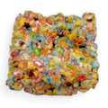 Gluten-free rainbow crispy rice bar from Sinful Confections bakery, soft and chewy with colorful fruity cereal and marshmallow