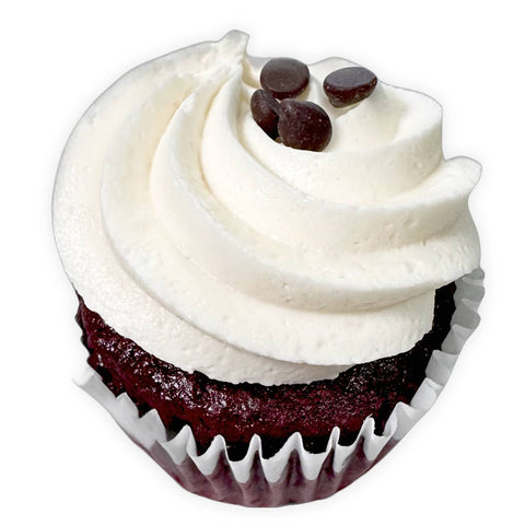 gluten free red velvet cupcake with dairy free cream cheese alternative buttercream and chocolate chips