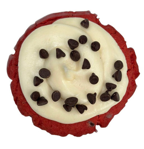 Red velvet loaded cookie with vanilla cream cheese buttercream and chocolate chips