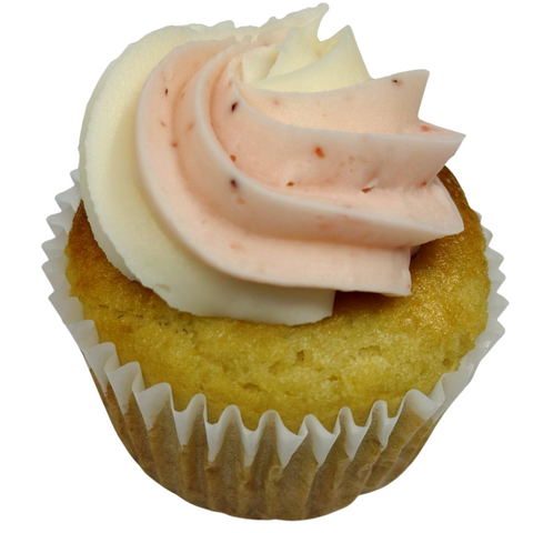 gluten free vanilla strawberry swirl cupcake with dairy free buttercream